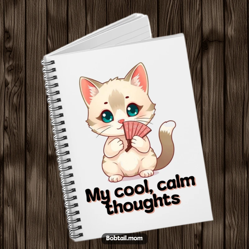 Funny chic Bobtail cat fanning itself with a decorative fan. A humorous notebook for stylish individuals, perfect gift.