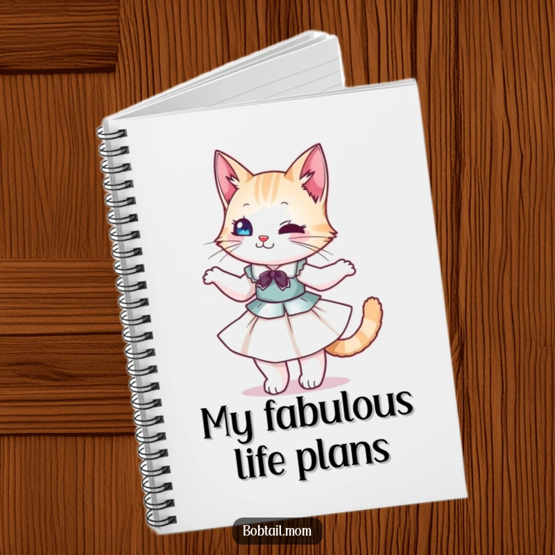 Funny Bobtail Cat Notebook: Graceful cat in a dress, twirling, providing a stylish and funny companion for notes.