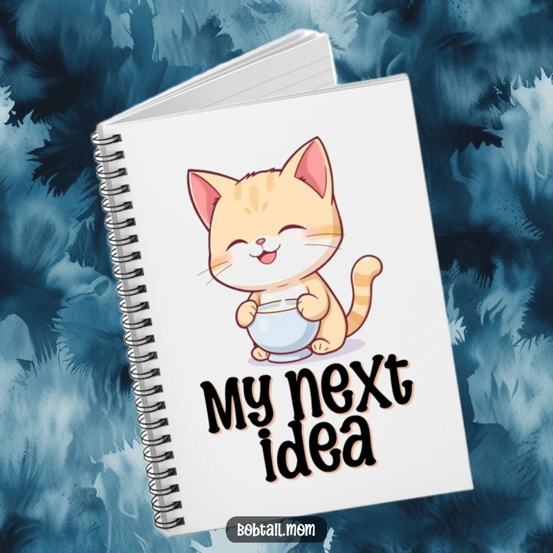 Funny Bobtail cat balancing a milk saucer on its head, making this notebook a purrfectly amusing writing tool.