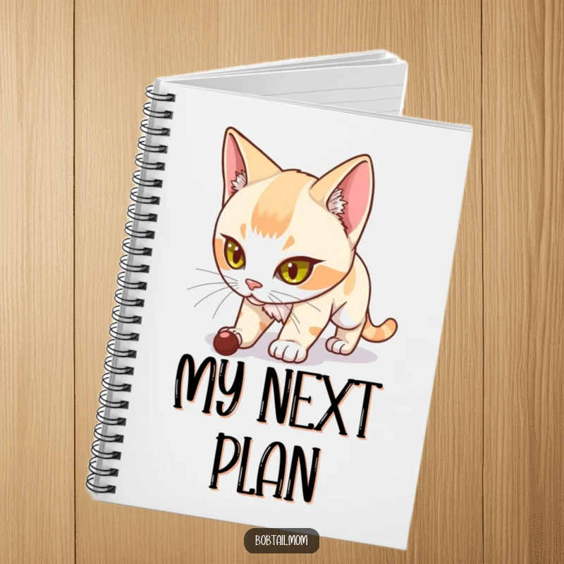 Funny Bobtail Cat Notebook featuring a determined Bobtail cat stalking, inspiring focus and humor for all your writing needs.