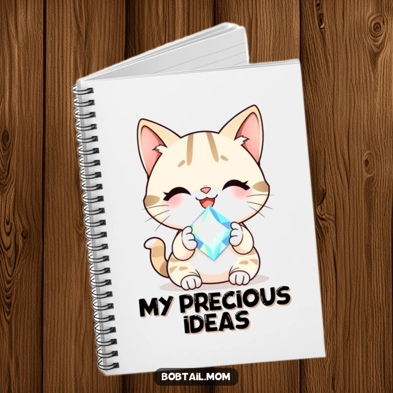 Funny Bobtail cat with a cheerful smile holding a sparkling gem, presented as a notebook for jotting ideas.
