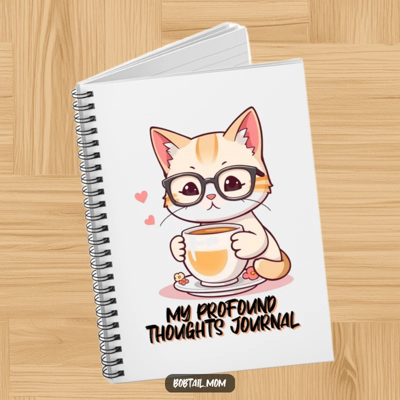 Funny notebook depicting a bobtail cat wearing reading glasses, enjoying tea, ready to capture your brilliant thoughts.