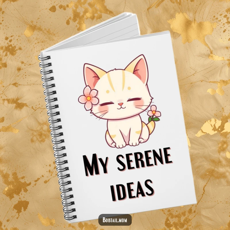 Funny Bobtail Cat Notebook with a serene feline wearing a flower, perfect for jotting down peaceful, humorous thoughts.