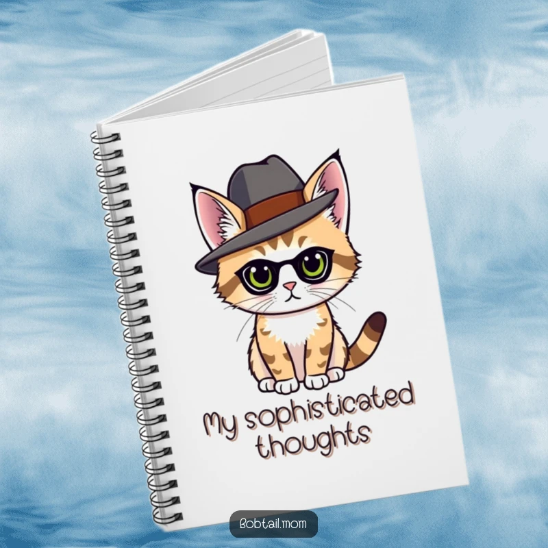 Funny elegant bobtail cat with a hat, posing with grace, on the cover of a notebook.