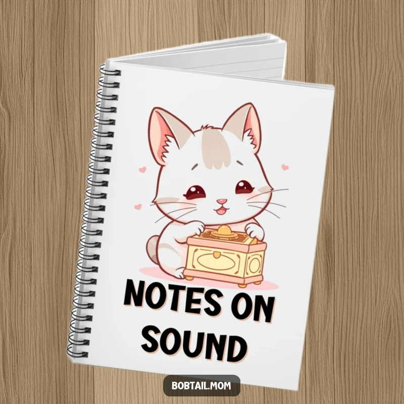 Funny Bobtail Notebook with a dog listening to a music box, perfect for jotting down notes with a touch of canine whimsy and humor.