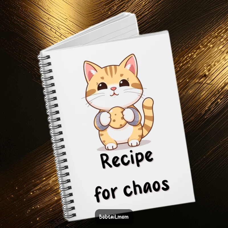 Funny Bobtail cat in oven mitts, holding a cookie, adorning this notebook for jotting down funny recipes and kitchen notes.