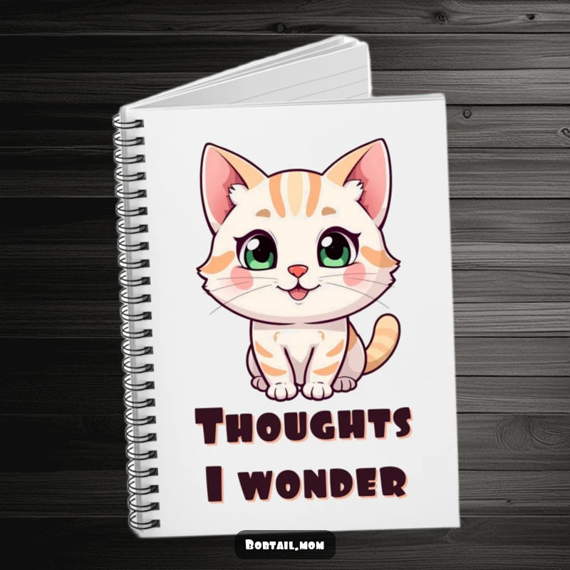 Funny Bobtail cat character notebook, depicting a happy expression and a curious glance, ideal for creative journaling.