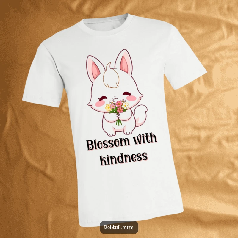Funny Bobtail T-Shirt: A shy bobtail cat offers a bouquet of flowers, perfect for a heartwarming and humorous apparel gift.
