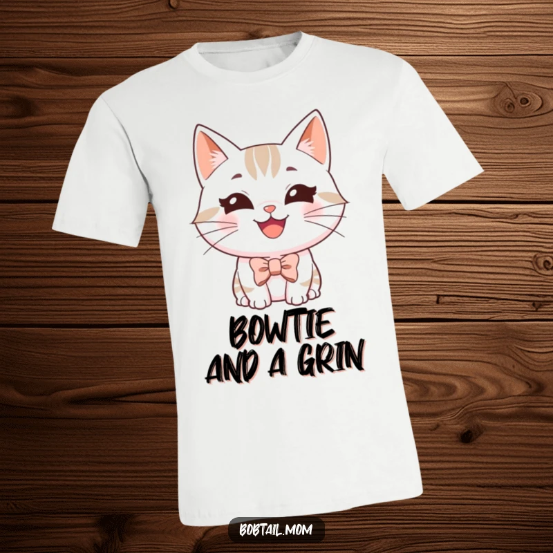 Funny Bobtail cat t-shirt showing a happy, grinning cat wearing a tiny bowtie, exuding charm and style.