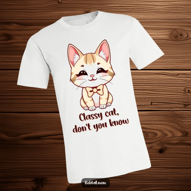 Funny Bobtail Cat T-Shirt featuring a charming smiling feline wearing a distinguished bowtie, ready for any occasion.