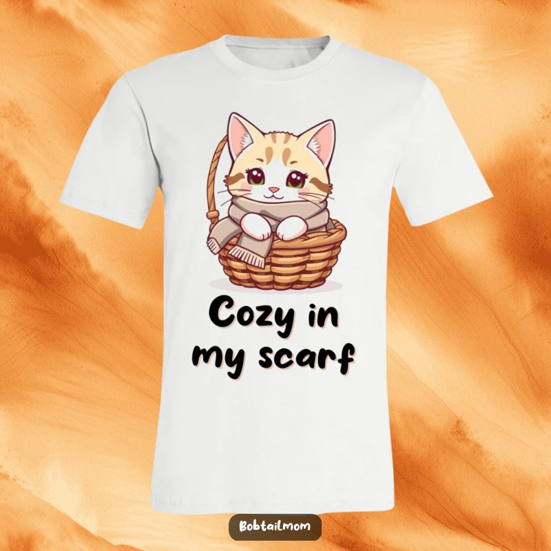 Funny Bobtail cat t-shirt showing a cat wearing a cozy scarf, peeking out from a small basket, looking adorable.