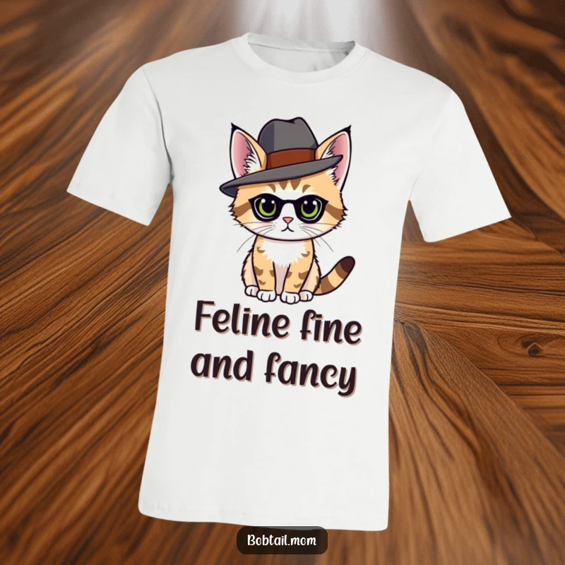 Funny elegant bobtail cat in a fashionable hat, posing stylishly on a comfortable t-shirt.