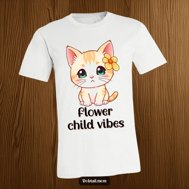 Funny Bobtail cat wearing a bright flower, looking curious, printed on a comfortable and stylish t-shirt.
