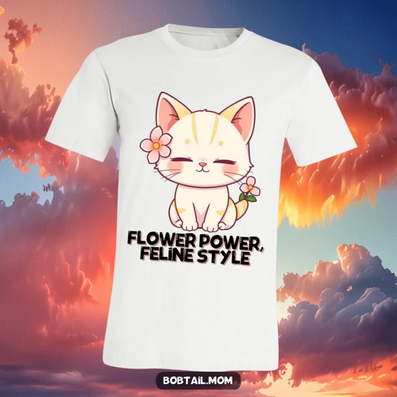Funny Bobtail Cat T-Shirt with a serene feline wearing a flower behind its ear, exuding peaceful humor.