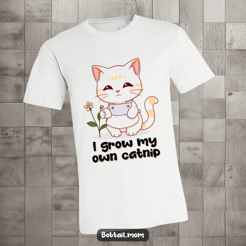 Funny Bobtail cat in a cute apron tending a small flower. A humorous t-shirt for gardeners and cat lovers, great gift.