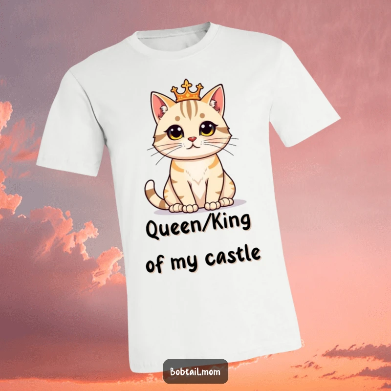 Funny Bobtail Cat T-Shirt featuring a proud feline sitting regally, embodying majestic humor and authority.