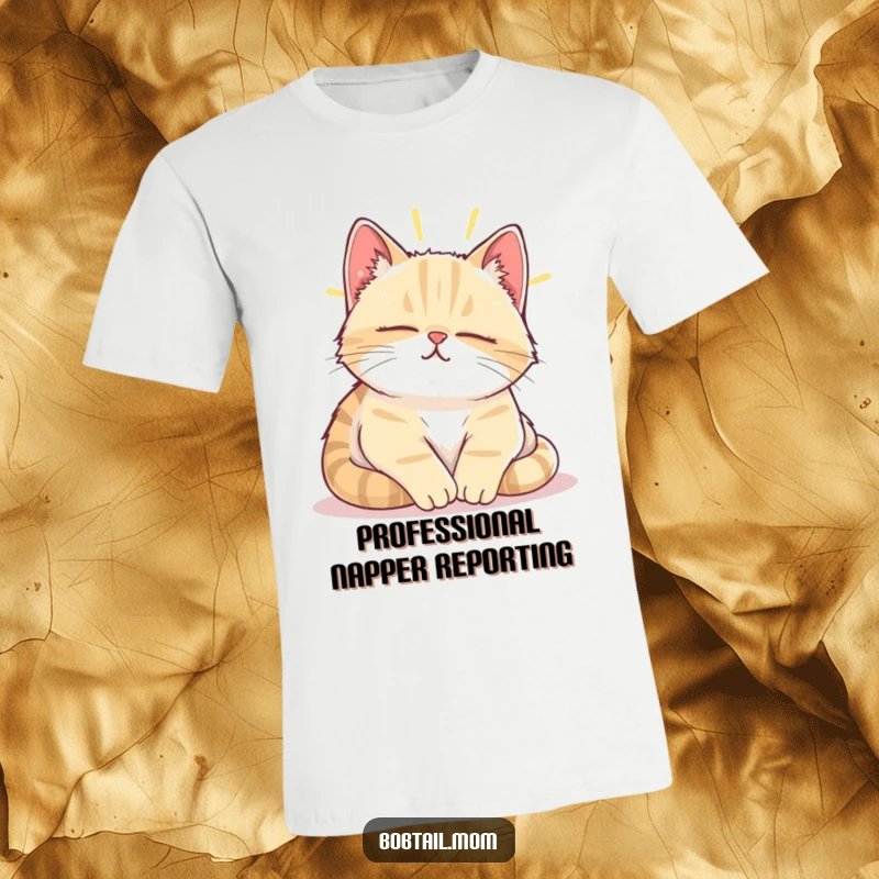 Funny Bobtail cat with eyes closed, sighing contentedly during a nap in a bright sunbeam on this t-shirt.