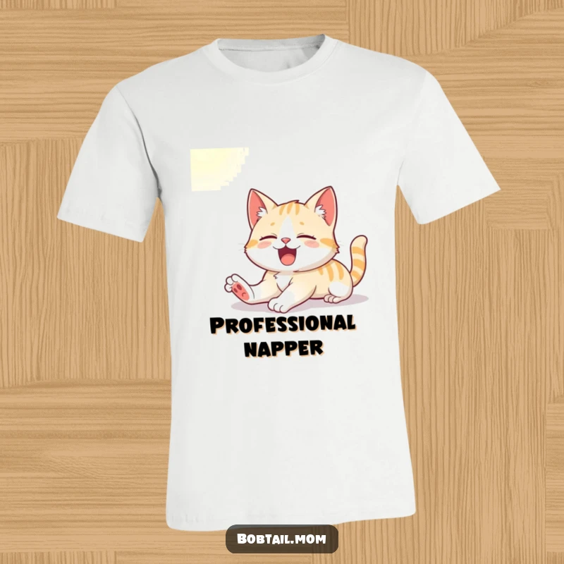 Funny t-shirt with a cute Bobtail cat stretching and yawning contentedly in a sunbeam, capturing morning relaxation.