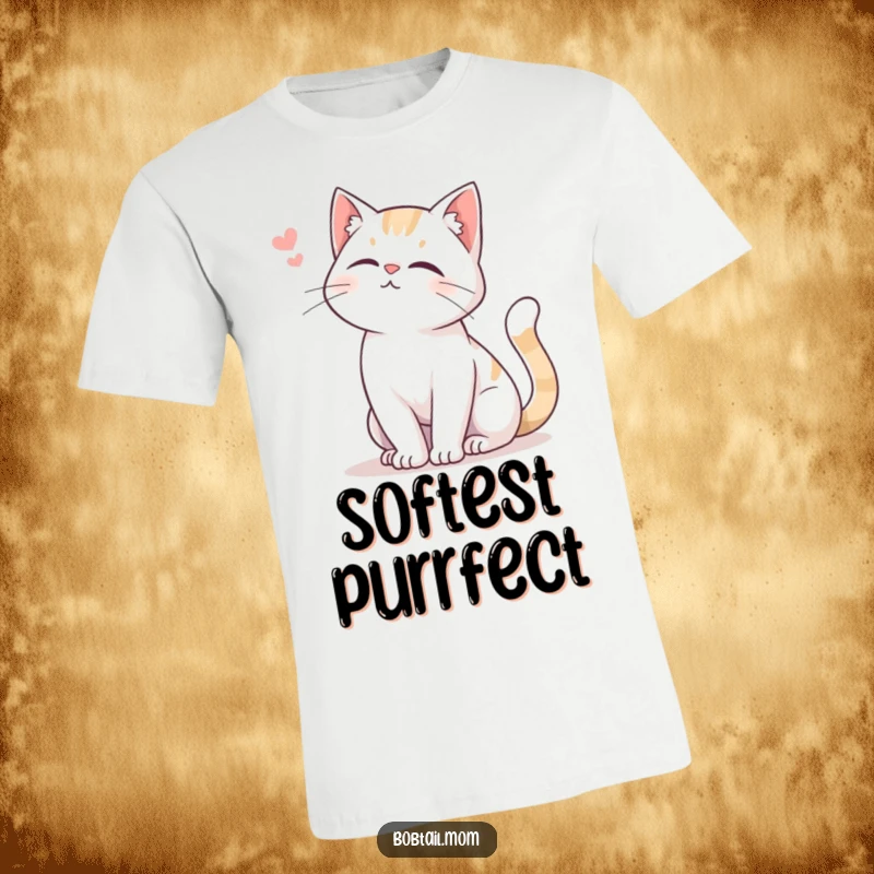 Funny Bobtail Cat T-Shirt showcasing a Bobtail cat with a gracefully swishing tail and a soft, welcoming meow.
