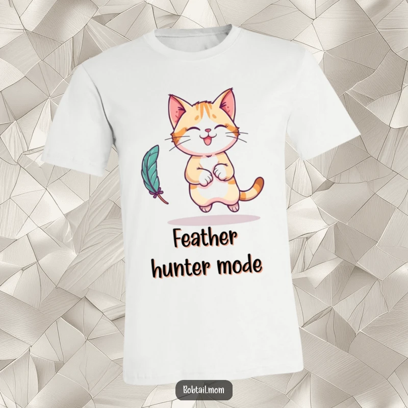 Funny Bobtail cat t-shirt showing a playful leap while chasing a feather toy, perfect for active cat lovers.
