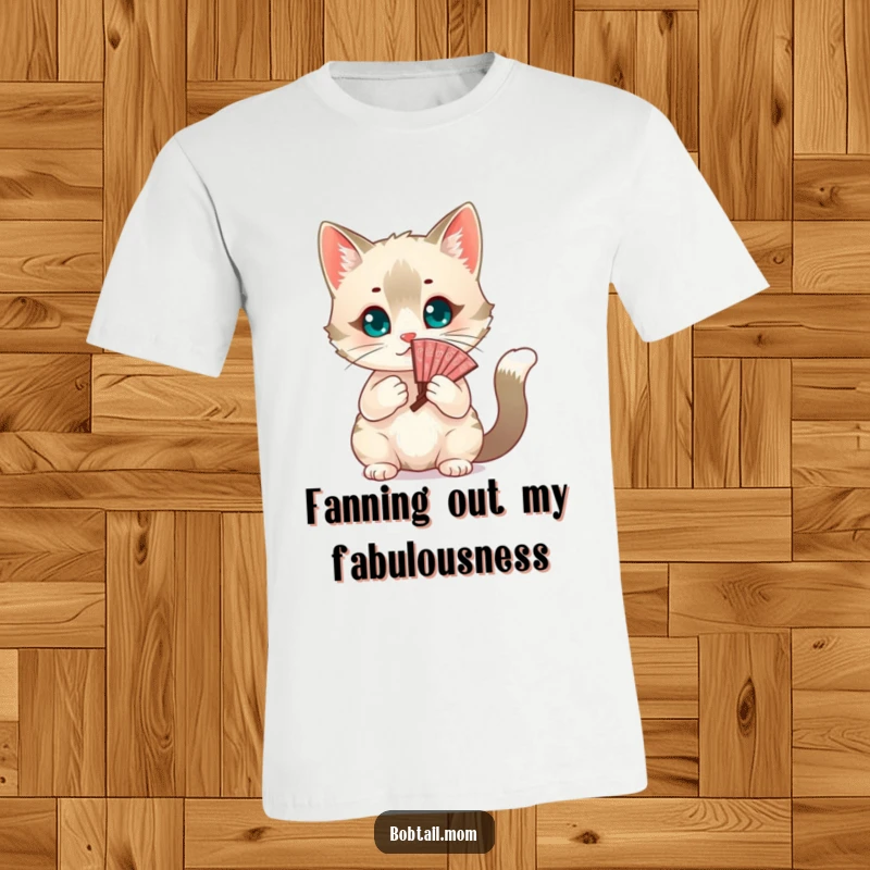 Funny chic Bobtail cat fanning itself elegantly with a decorative fan. A stylish and humorous t-shirt, perfect gift for fashionistas.