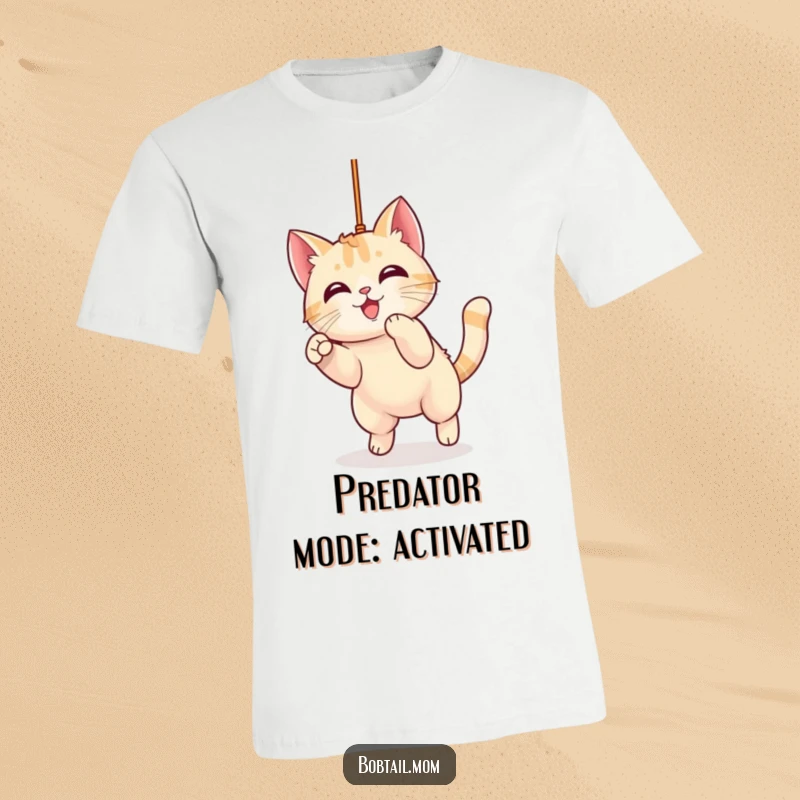 Funny Bobtail Cat T-Shirt featuring a cute kawaii cat character leaping playfully to catch a dangling string, full of mischief and joy.