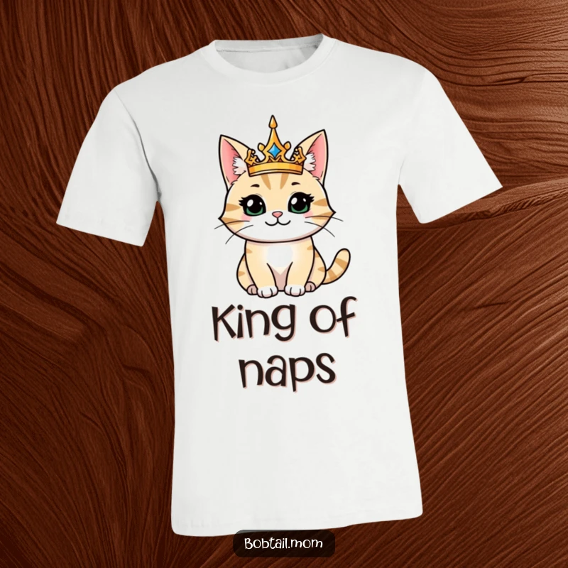 Funny majestic bobtail cat king t-shirt, a smiling cat wearing a crown, exuding confidence and regal authority.