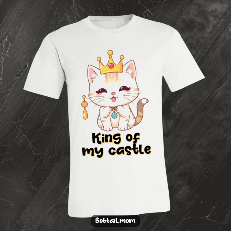 Funny Royal Bobtail Cat T-Shirt: Cat wearing a crown, playfully batting a charm, a fun and regal statement.