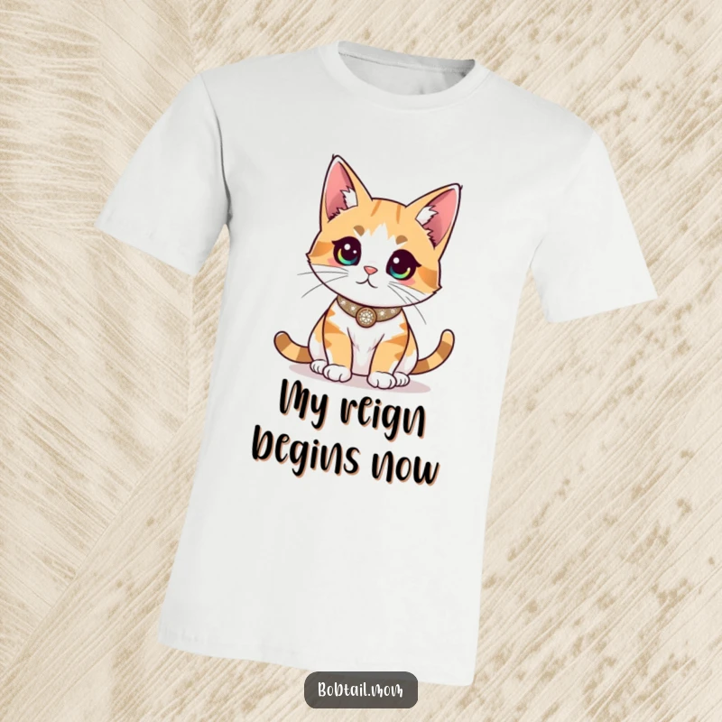 Funny Bobtail cat adorned in a sparkly collar, meticulously surveying the room with discerning, yet humorous, feline judgment.