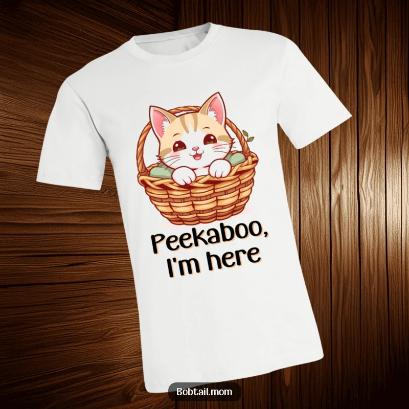 Funny t-shirt with a cheerful Bobtail cat peeking out from a cozy basket, showcasing its sweet and curious nature.