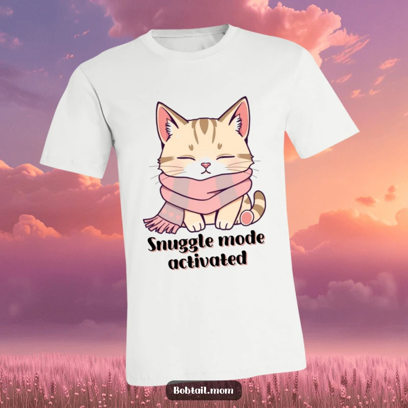 Funny bobtail cat in a warm scarf, sleeping soundly and looking very content, on a t-shirt.