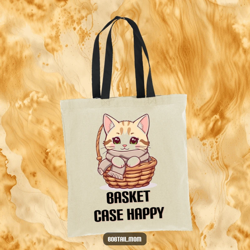Funny Bobtail cat tote bag showing a cat with a cozy scarf peeking from a basket, perfect for carrying essentials.