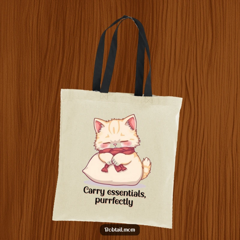Funny Bobtail cat with a yarn scarf, kneading a cushion, showcased on a practical tote bag.