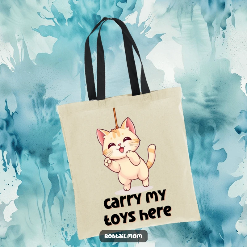 Funny Bobtail Cat Tote Bag featuring a cute kawaii feline character leaping energetically to catch a dangling string, a humorous and practical carry-all.