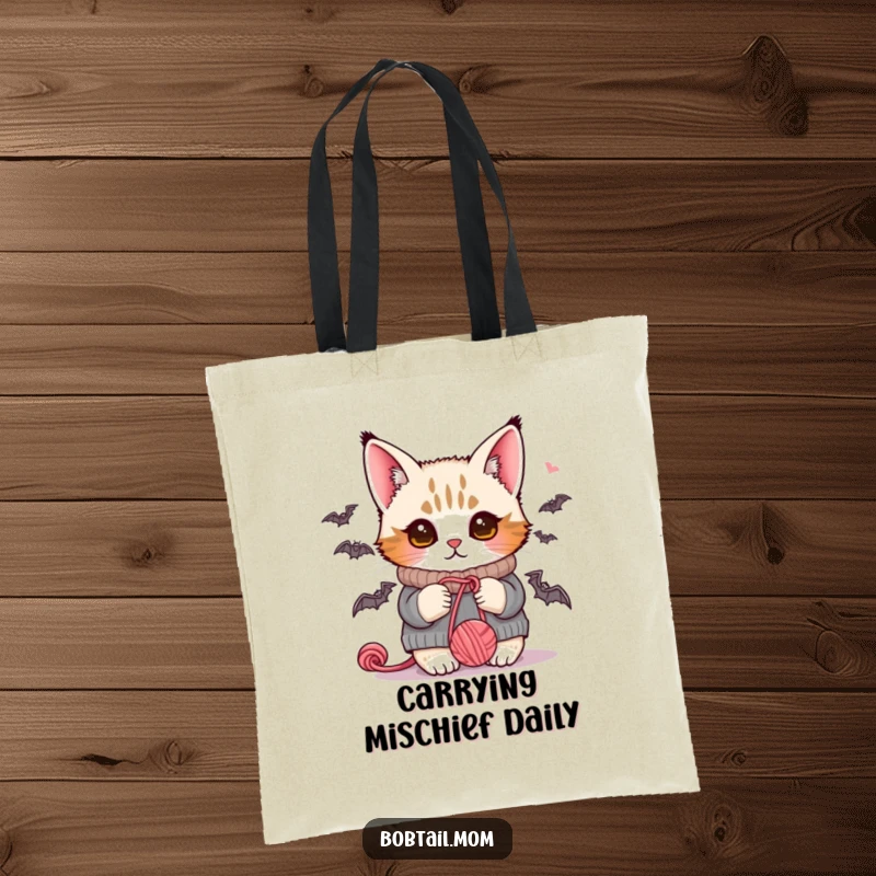 Funny Bobtail cat in a cozy sweater, playfully engaged with a tantalizing ball of yarn, perfect for shopping trips.