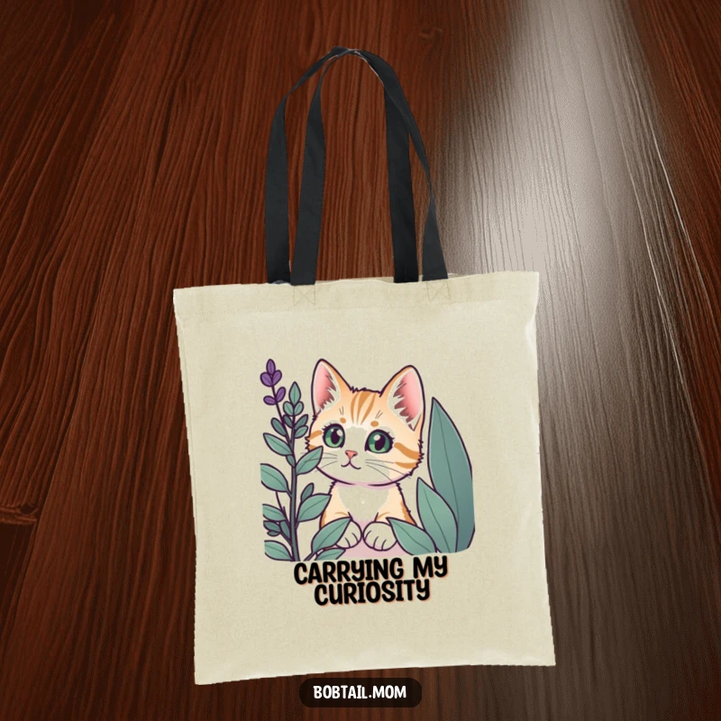 Funny Bobtail cat with wide eyes peeking from behind a plant, showcased on a practical tote bag.
