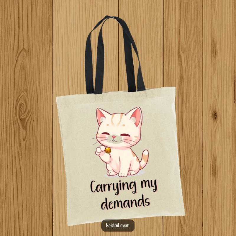 Funny Bobtail Cat Tote Bag showcasing a Bobtail cat's dainty paw delicately tapping a bell, adding playful charm to your carry-all.
