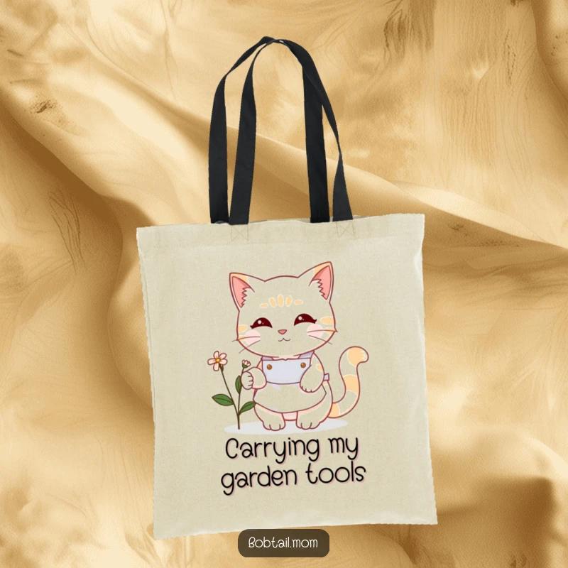 Funny Bobtail cat in a cute apron tending a small flower. A humorous tote bag for gardeners and cat lovers, a wonderful gift.