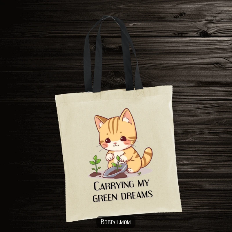 Funny bobtail cat with a gardening trowel planting a sprout, symbolizing new beginnings, ideal for a stylish tote bag.