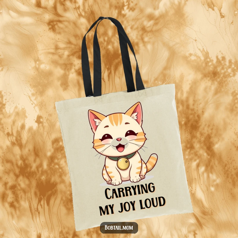 Funny Bobtail cat wearing a bell collar, purring loudly, showcased on a practical tote bag.