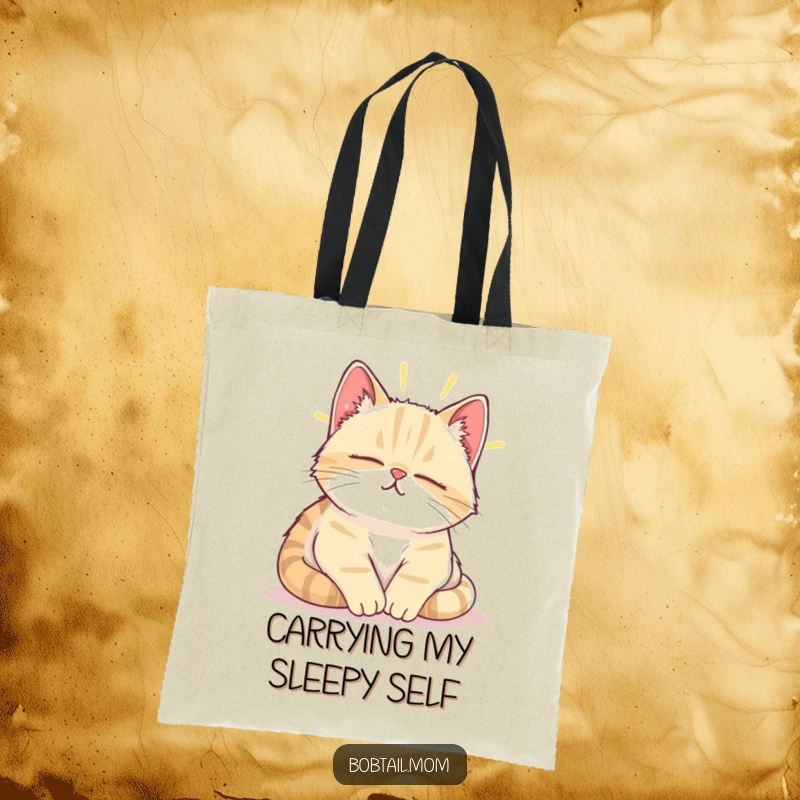 Funny Bobtail cat sighing happily as it naps in a sunbeam, showcased on a practical tote bag.