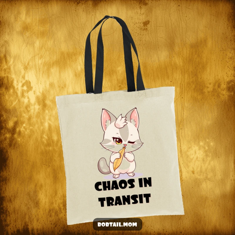 Funny Bobtail Tote Bag: A mischievous bobtail cat batting at a feather, perfect for a humorous and practical tote.