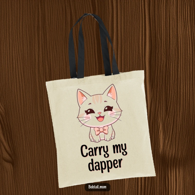 Funny Bobtail cat tote bag showcasing a happy, grinning cat wearing a tiny bowtie, perfect for a dapper look.