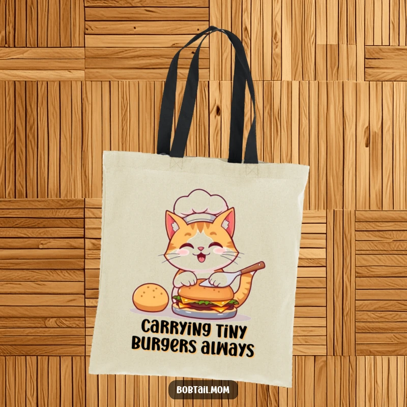 Funny tote bag featuring a bobtail cat chef, wearing a hat, gleefully flipping a burger, ideal for market trips.