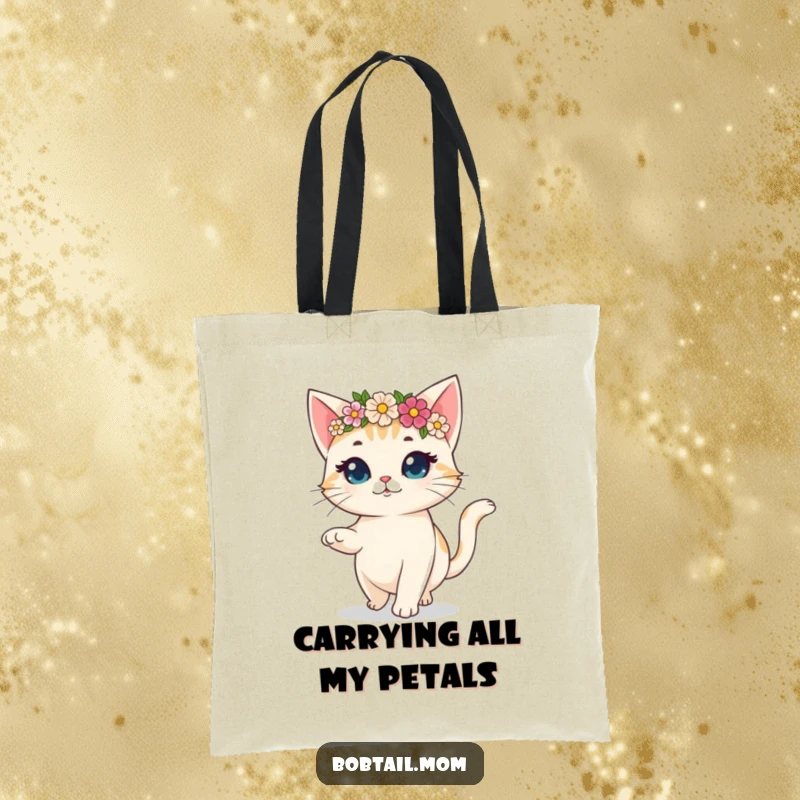 Funny tote bag featuring a bobtail cat wearing a flower crown, prancing gaily, ready for adventures and errands.