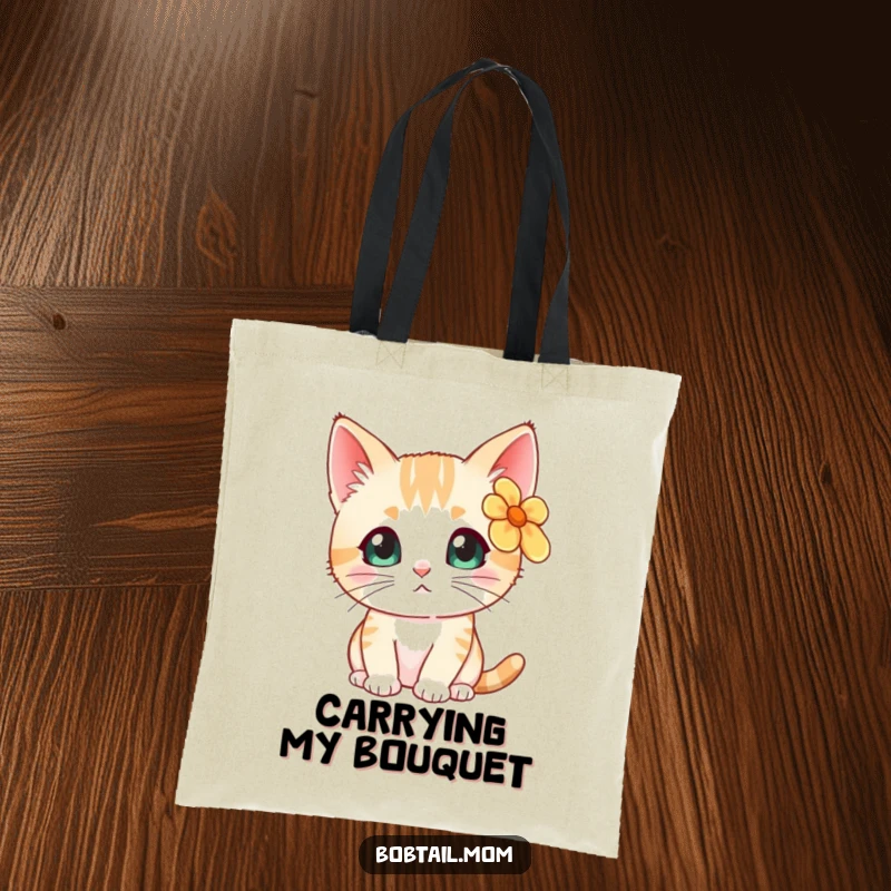 Funny Bobtail cat wearing a flower, looking curious, printed on a durable and fashionable tote bag.