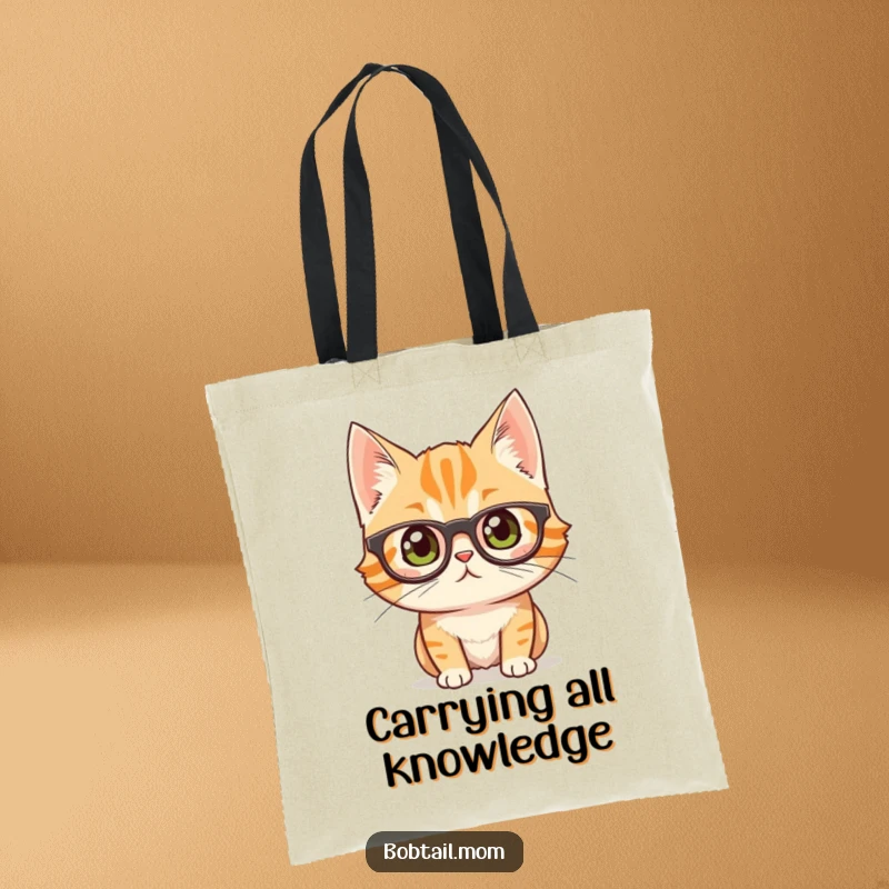 Funny bobtail cat with large glasses, looking curious and studious, on a practical tote bag.