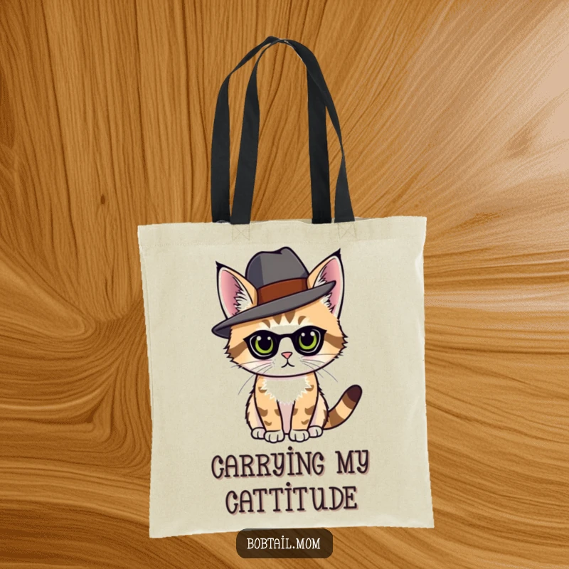 Funny elegant bobtail cat with a hat, posing stylishly on a durable tote bag.