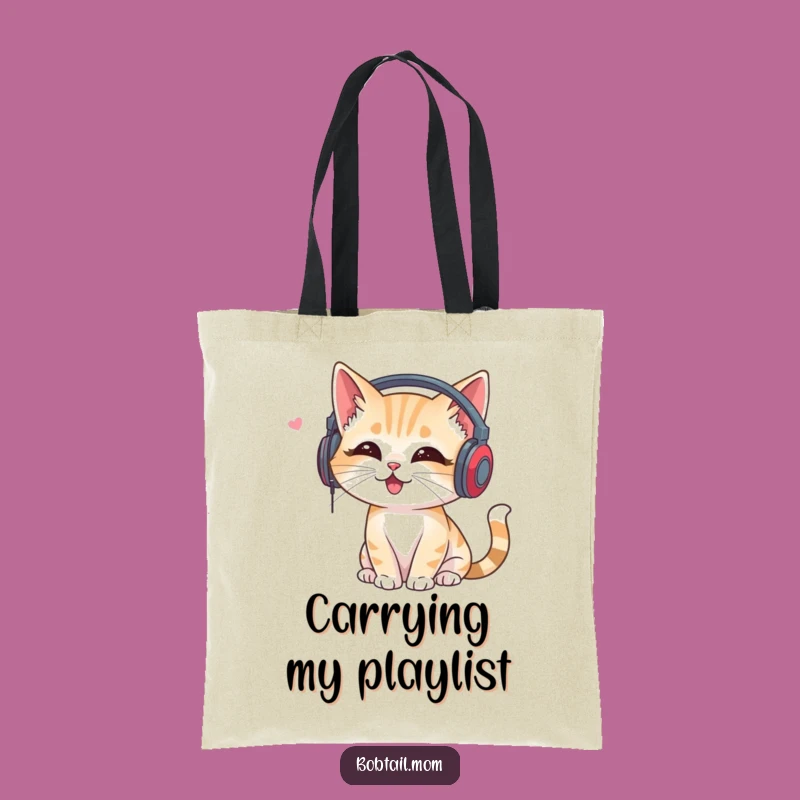 Funny Bobtail Cat Headphones Tote Bag: Carry Your Tunes in Style