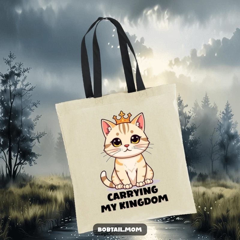 Funny Bobtail Cat Tote Bag featuring a proud feline sitting regally, perfect for carrying essentials with majestic humor.